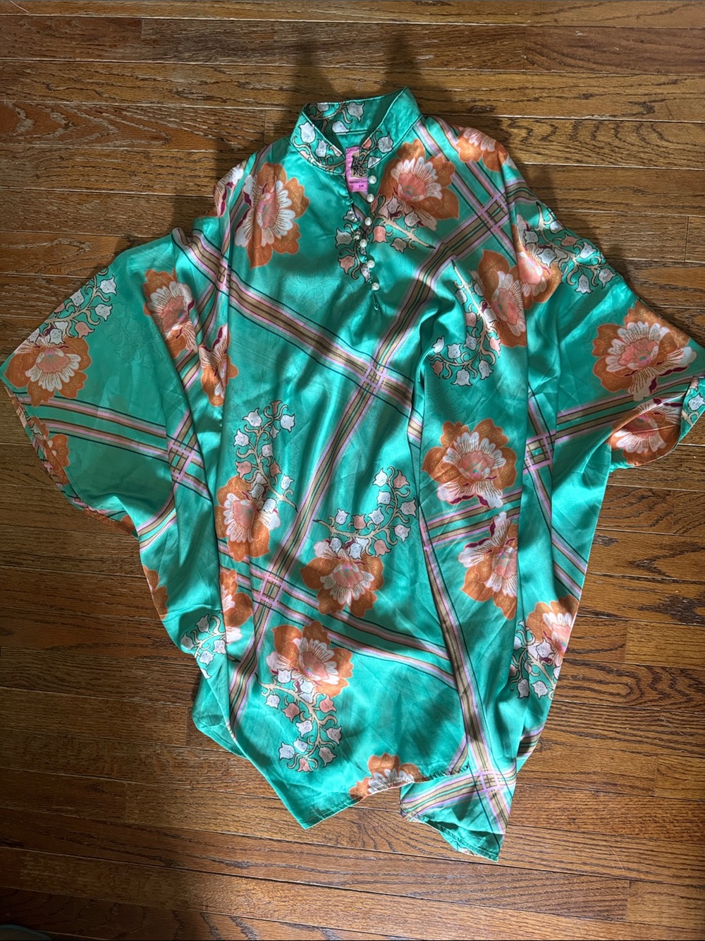 Turquoise Floral Silk Kimono Top